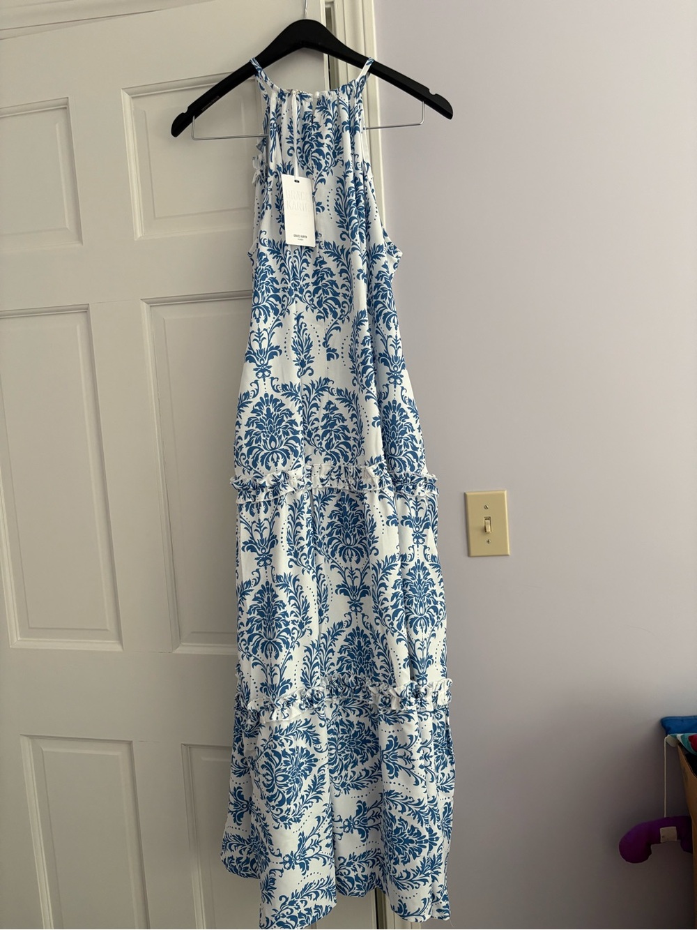 Grace Karin Blue and White Damask Halter Tiered Maxi Dress